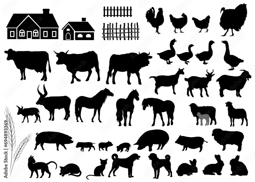 Silhouettes of domestic animals and farm objects. Vector illustration.