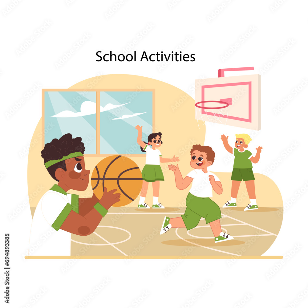 School activities concept. Children taking part in playing sport game after classes. Vibrant energy of students participating in basketball shows spirit of school sports. Flat vector illustration School activities concept. Children taking part in playing sport game after classes. Vibrant energy of students participating in basketball shows spirit of school sports. Flat vector illustration
