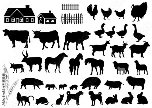 Silhouettes of domestic animals and farm objects. Vector illustration.
