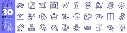 Luggage trolley, Supply chain and Flight sale line icons pack. Electric bike, Car, Destination flag web icon. Canister, Bicycle helmet, Parking time pictogram. Cardboard box. Vector