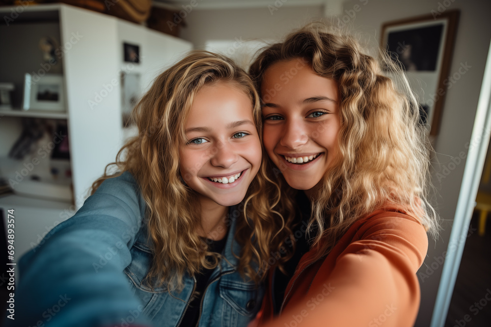 Two teenager girl friends in a house making a selfie Two teenager girl friends in a house making a selfie