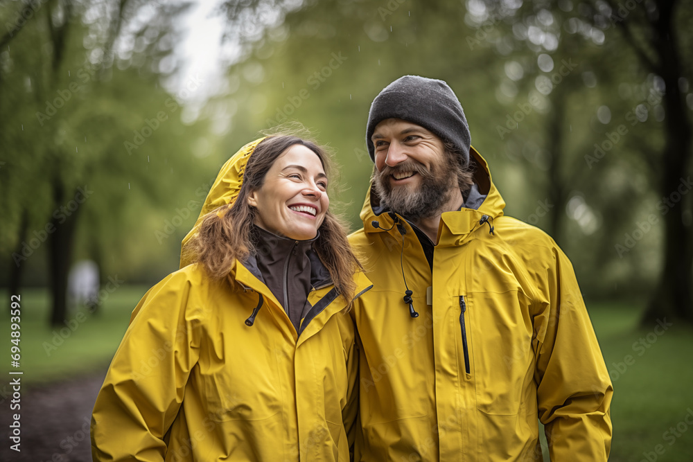 Adult couple at outdoors wearing a rainproof coat
