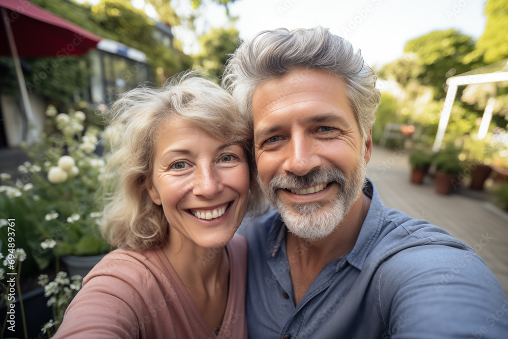 Fototapeta premium Middle aged couple at indoors making a selfie