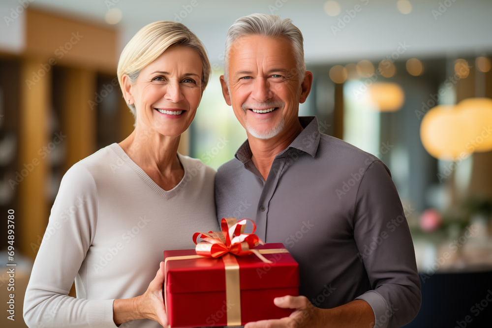 Middle aged couple at indoors holding a gift Middle aged couple at indoors holding a gift