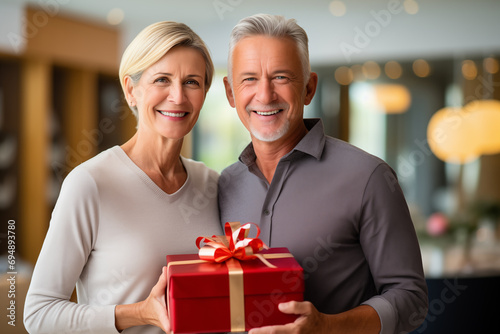 Middle aged couple at indoors holding a gift