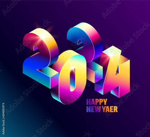New year 2024. Metallic 3D iridescent calendar date on dark background. Festive holiday design.