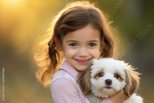 Cute little caucasian girl at outdoors with a dog