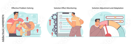 Problem-solving process set. Final stages of processing complicated situation. Implementing solutions, tracking progress, and refining methods. Continual improvement cycle. Flat vector illustration