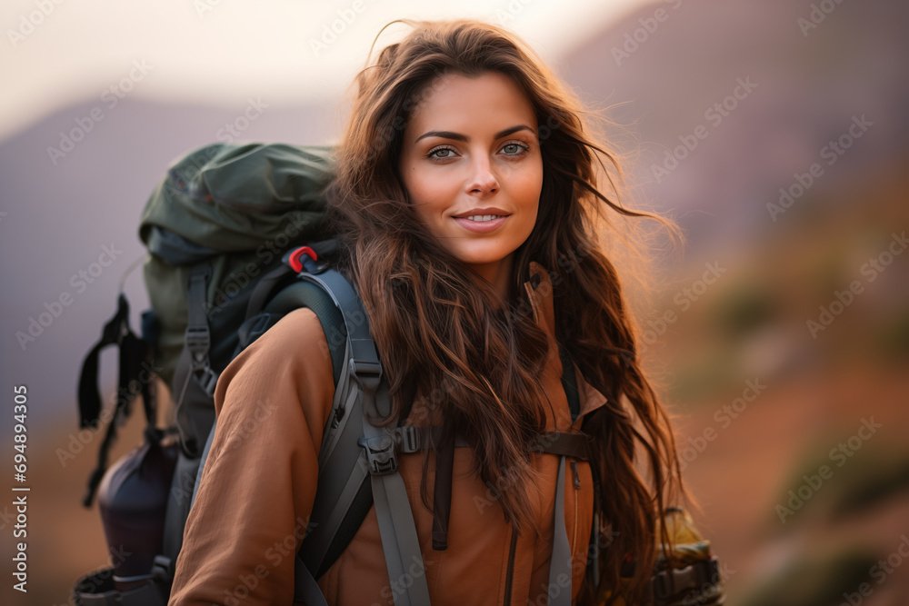 Young pretty brunette girl  with mountaineer backpack