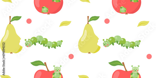 Seamless pattern with ripe red apples, pears and cute caterpillar, funny pattern for kids design, vector