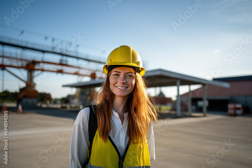 Young pretty redhead woman at outdoors with worker cap