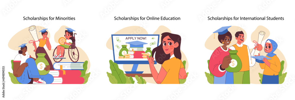 Scholarship diversity set. People of various ethnicities and ages getting financial aid. Empowering education for minorities, online learners and global students. Accessible academic funding.