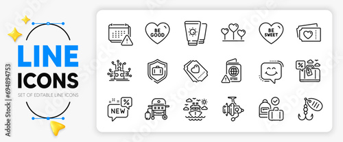 Puzzle options, Be good and Love tickets line icons set for app include Fishing lure, Smile chat, Carry-on baggage outline thin icon. Love heart, Ship travel, Notification pictogram icon. Vector