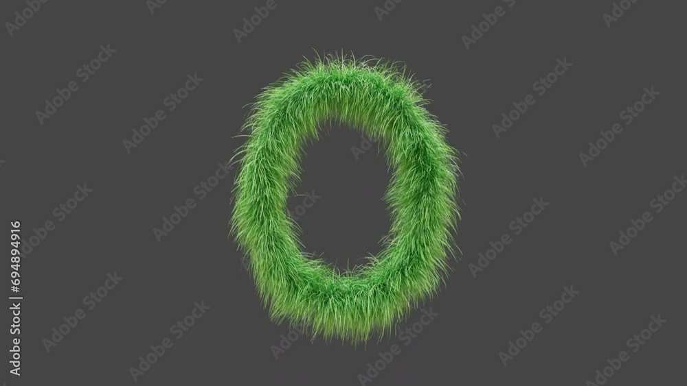 3D animation green grass letter O, isolated beautiful letter of green grass blowing in the wind, 3D rendering, RGB Alpha, UHD 4K