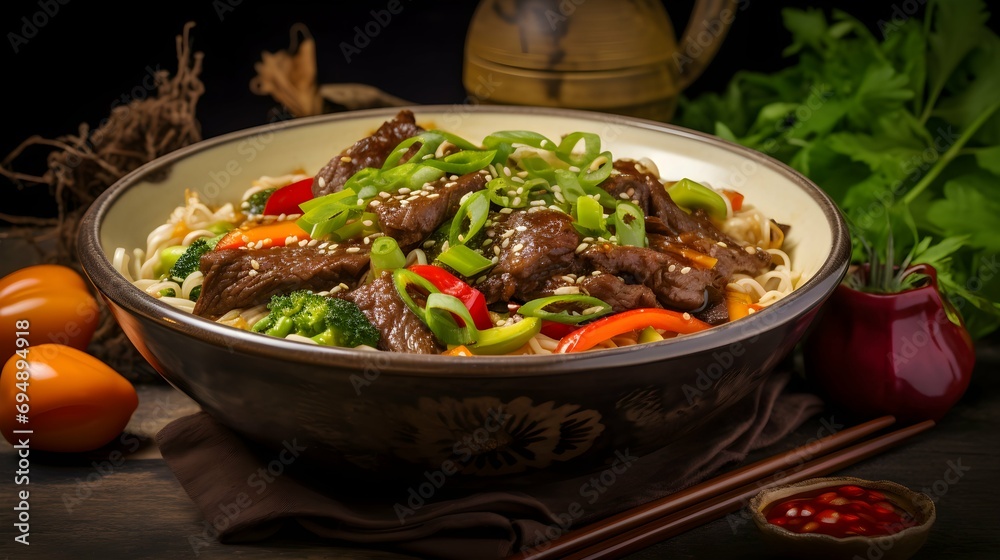 chinese bowl of noodles with beef and vegetables. Generative AI chinese bowl of noodles with beef and vegetables. Generative AI