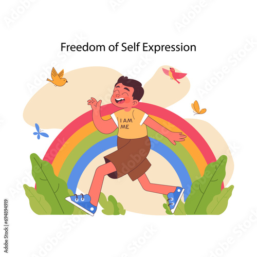 Freedom of self expression concept. Joyful child with rainbow on background, surrounded by singing birds and butterflies, symbolizing happiness of being authentic oneself. Flat vector illustration