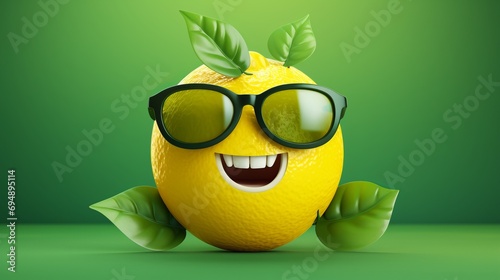 Cheerful and happy lemon with glasses. Smiling anthropomorphic fruit on green background photo