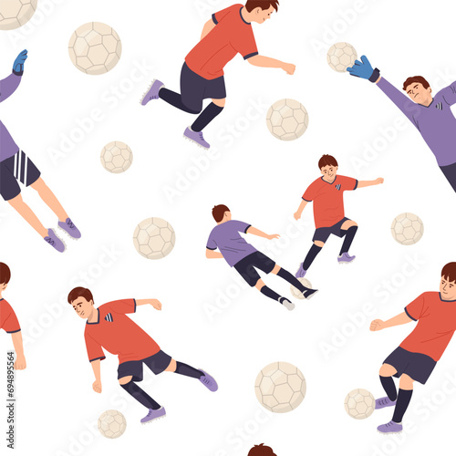 Football or soccer players, athlete team seamless pattern. Colorful flat style football game male players print illustration. Includes foot ball kick pose, goalkeeper catch background. Vector