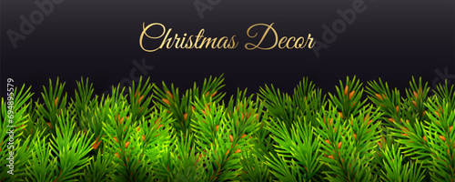 Christmas card, spruce branches mockup. The border is located on top. Template for New Year s cards, invitations congratulations, advertising. 3D realistic style Vector