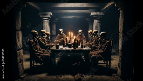 feasting skeletons in a basement