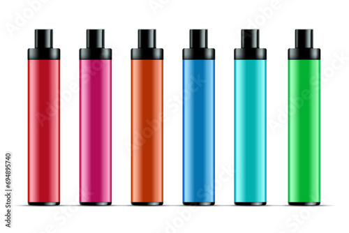 Electronic cigarette set colorful pens mod. Smoking is a bad habit. Realistic 3d illustration. Isolated on white background. Vector.