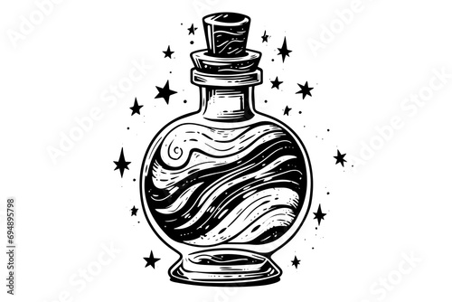 Magic bottle with potion hand drawn ink sketch. Engraved style vector illustration.