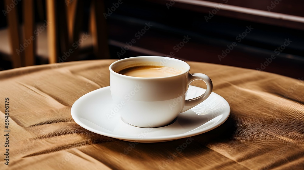 a white coffee cup sitting on top of a saucer on top of a wooden table next to a brown cloth covered table cloth. Generative AI a white coffee cup sitting on top of a saucer on top of a wooden table next to a brown cloth covered table cloth. Generative AI