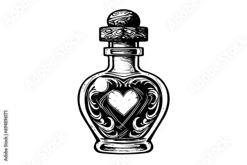 Magic bottle with love potion hand drawn ink sketch. Engraved style vector illustration.