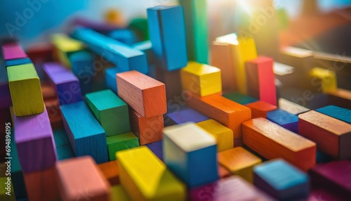 Celebrate the spectrum of creativity with a background of colorful wooden blocks  forming a visual masterpiece that symbolizes innovation and artistic flair  colorful background