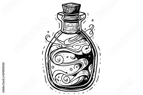 Magic bottle with potion hand drawn ink sketch. Engraved style vector illustration.