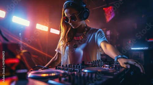 DJ playing disco music on a turntable in a nightclub Trendy girl in colorful neon lights on concert stage photo