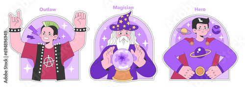 Personality psychological archetypes set. Twelve characters characteristics. Caregiver, creator, everyman, explorer, hero, innocent, jester, lover. Collective unconscious. Flat vector illustration