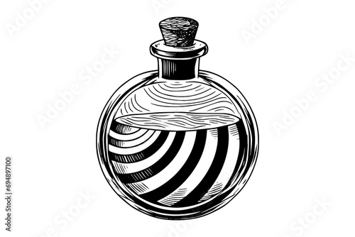 Magic bottle with potion hand drawn ink sketch. Engraved style vector illustration.