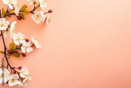 Fresh beautiful flowers of the cherry tree blooming in the spring on peach fuzz background with copy space © Irina Schmidt