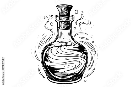 Magic bottle with potion hand drawn ink sketch. Engraved style vector illustration.