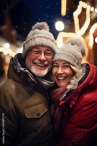Happy mature couple together having in snowy winter evening before Christmas