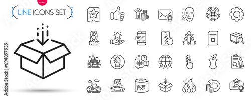 Pack of Distribution, Loyalty program and Corrupt line icons. Include Global business, Health skin, Organic waste pictogram icons. Swipe up, Get box, Search package signs. Delete file. Vector photo