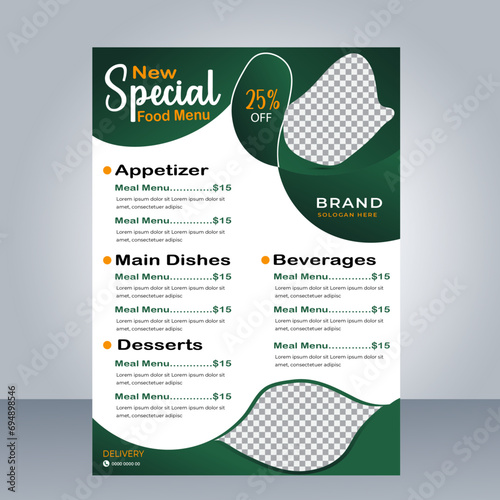 Fast Food Flyer Design Template cooking, cafe and restaurant menu, food ordering, junk food. Pizza, Burger, French fries and Soda. Vector illustration