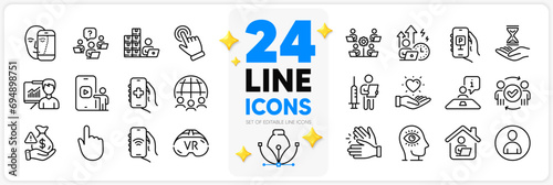 Icons set of Hold heart, Face biometrics and Work home line icons pack for app with Approved teamwork, Phone video, Time hourglass thin outline icon. Parking app, Cursor, Inventory pictogram. Vector
