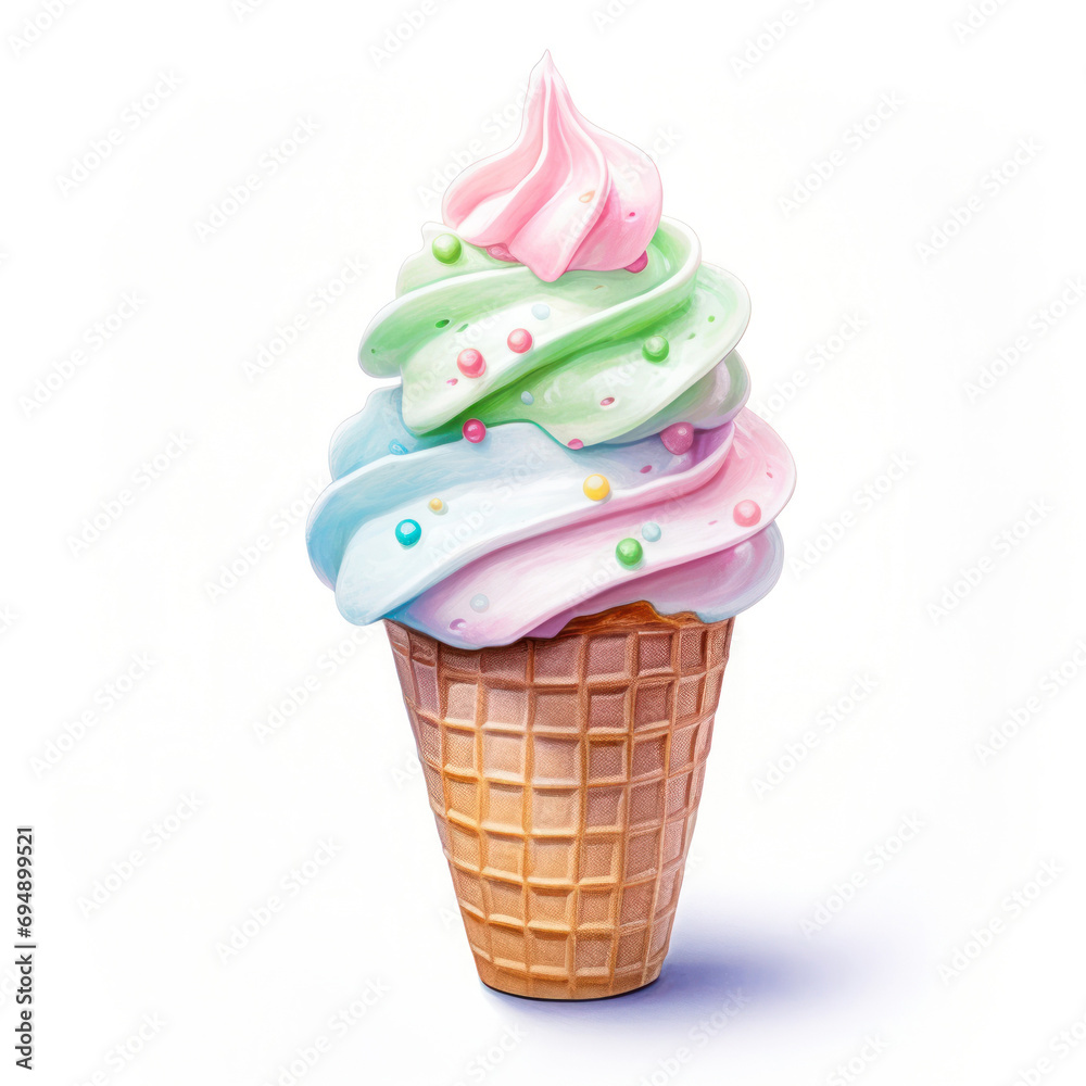 Ice cream cone delicious 3D close up, decorated cutout minimal isolated on white background, ultra realistic ice cream cone, icon, detailed. Grocery product advertising Ice cream cone delicious 3D close up, decorated cutout minimal isolated on white background, ultra realistic ice cream cone, icon, detailed. Grocery product advertising