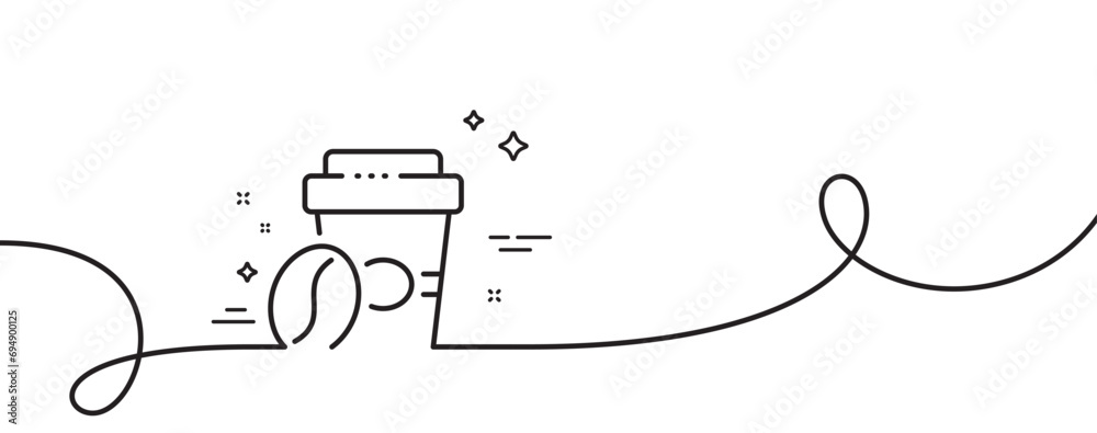 Takeaway coffee line icon. Continuous one line with curl. Hot latte sign. Tea drink mug symbol. Takeaway coffee single outline ribbon. Loop curve pattern. Vector Takeaway coffee line icon. Continuous one line with curl. Hot latte sign. Tea drink mug symbol. Takeaway coffee single outline ribbon. Loop curve pattern. Vector