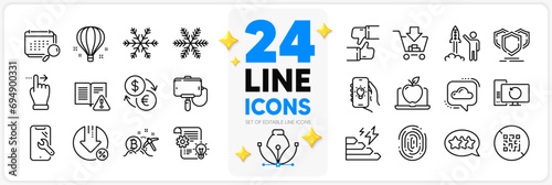 Icons set of Recovery computer, Touchscreen gesture and Selfie stick line icons pack for app with Like, Loan percent, Snowflake thin outline icon. Smartphone repair, Launch project. Vector