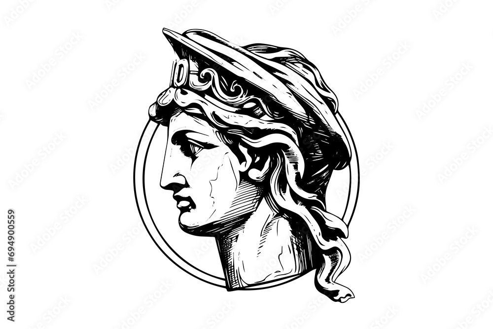Hermes head hand drawn ink sketch. Engraved style vector illustration. - obrazy, fototapety, plakaty 
