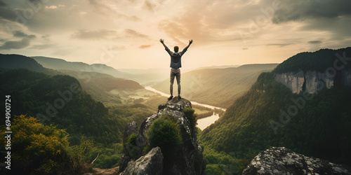 Happy man with arms up jumping on the top of the mountain - Successful hiker celebrating success on the cliff - Life style concept with young male climbing in the forest pathway photo