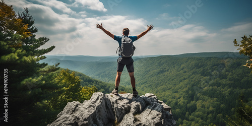 Happy man with arms up jumping on the top of the mountain - Successful hiker celebrating success on the cliff - Life style concept with young male climbing in the forest pathway © Poorna Himasha