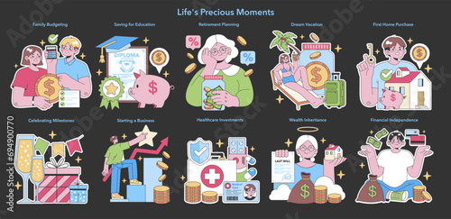 Life's Precious Moments set. Financial planning for education, retirement, vacation, and milestones. Investment in health, business, and independence. Flat vector illustration
