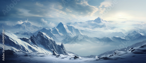 Snow-covered mountains in the distance, winter landscape with mountains and clouds