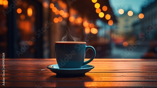 Coffee Mug on Wooden Table with Bokeh Cold Street Background