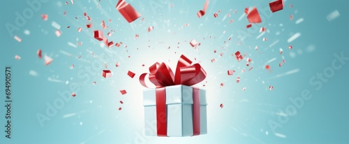 floating gift box with a red ribbon, exploding with confetti against a bright, light blue background. photo