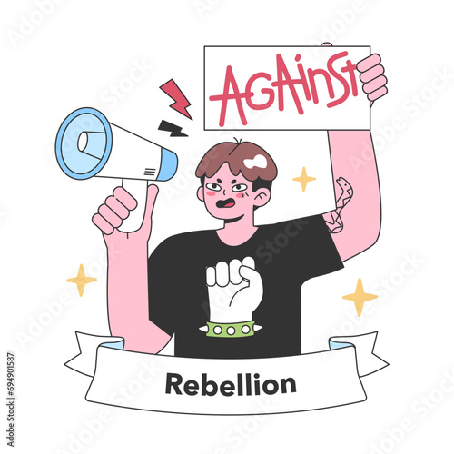 Vocal rebellion captured in a passionate protester with megaphone, declaring opposition. A spirited call for change and autonomy. Flat vector illustration